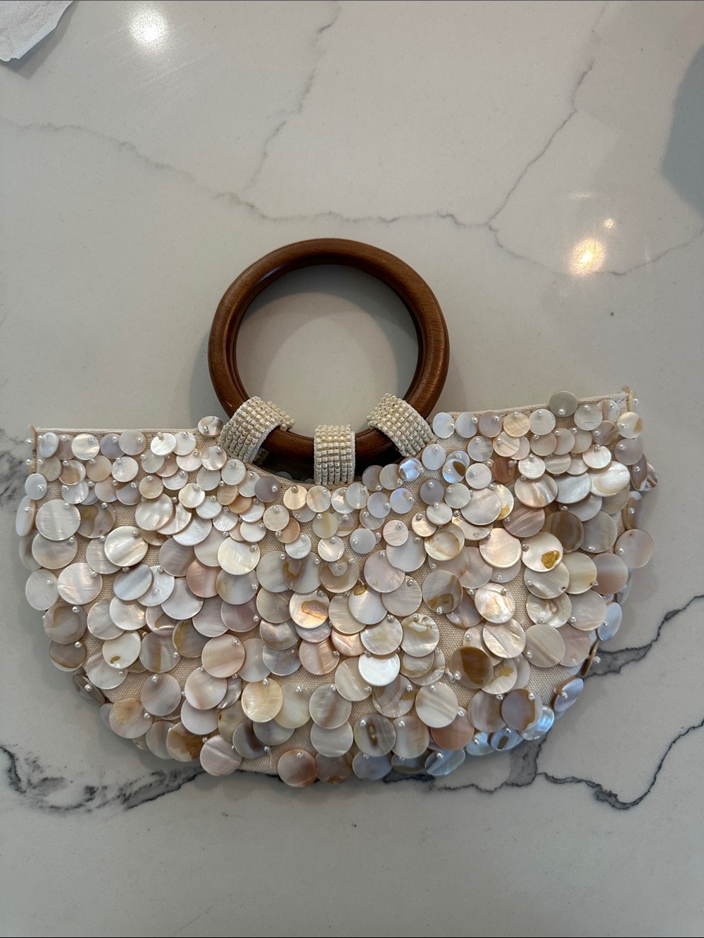 Zara Beaded Shell Handbag with Wooden Handles - Cream